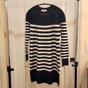 LOFT Black White Striped Crewneck KnitSweater Sweaterdress Dress Button Detail L